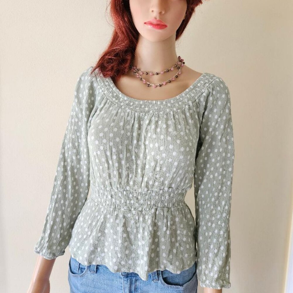Hippie Rose- Women Top Pastel Green Polka Dot Blouse Cropped Boho Smocked Size S